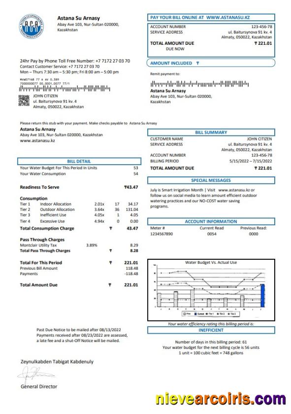 Kazakhstan Astana Su Arnasy utility bill
